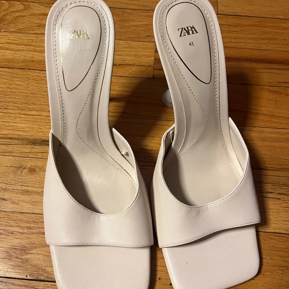 Zara Cream Square-Toe Sculpted-Heel Mules - Picture 2 of 5